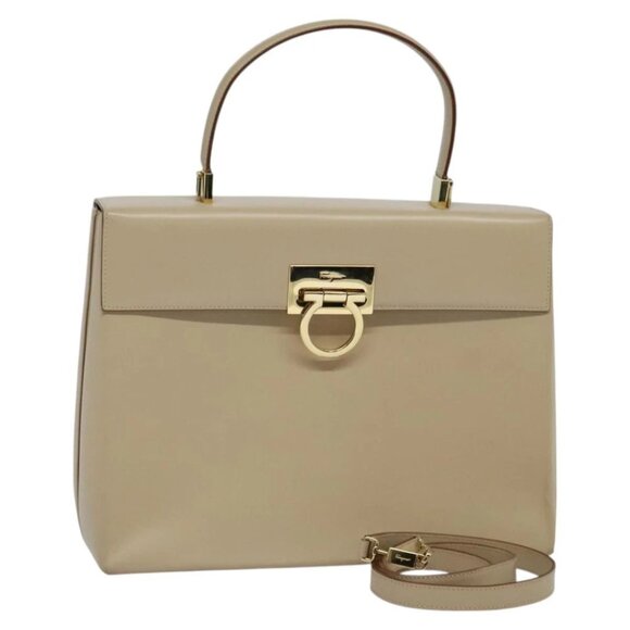 Salvatore Ferragamo Gancini Hand Bag Leather 2way Beige Gold Auth 125026 - Picture 1 of 16